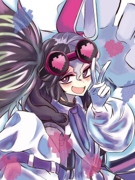 1girl blush brown_hair coat commentary_request duel_monster fang gloves grey_hair highres irutann lab_coat multicolored_hair open_mouth smile solo twintails two-tone_hair upper_body v vanquish_soul_dr._mad_love white_coat white_gloves yu-gi-oh!
