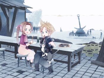 1boy 1girl aerith_gainsborough armor black_pants blonde_hair bluelimbo8888 boots braid braided_ponytail brown_hair cat chibi chibi_only cloud_strife cropped_jacket dress eating final_fantasy final_fantasy_vii final_fantasy_vii_rebirth final_fantasy_vii_remake hair_ribbon highres jacket long_dress open_mouth pants parted_bangs pauldrons petting pink_dress pink_ribbon red_jacket ribbon short_hair shoulder_armor sidelocks single_braid single_pauldron sitting sleeveless sleeveless_turtleneck smile spiked_hair suspenders turtleneck tuxedo_cat