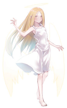 1girl absurdres angel_notes angel_wings bare_shoulders barefoot blonde_hair blush breasts dress forehead full_body halo highres long_hair looking_at_viewer parted_bangs small_breasts solo v/v white_dress wings yellow_eyes yubeshi_(zecxl)