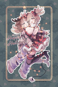 2girls absurdres antlers bangboo_(zenless_zone_zero) bare_shoulders black_boots black_nails blonde_hair blue_pants blush boots bow breast_press breasts brown_hat burnice_white cable christmas christmas_lights christmas_ornaments christmas_sweater commentary_request deer_antlers detached_sleeves fake_antlers green_background green_eyes hair_ribbon happy_holidays hat highres horns hug jumping large_breasts looking_at_another multiple_girls multiple_hair_ribbons neck_warmer one_eye_closed open_mouth pants piper_wheel poponnu red_bow red_eyes red_ribbon ribbon shoes short_twintails sparkle sparkling_eyes star_(symbol) teeth tongue torn_clothes torn_pants twintails twitter_username upper_teeth_only white_shoes zenless_zone_zero