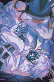 1boy absurdres aotsuki_eito black_background black_gloves blue_eyes blurry blurry_foreground bound bound_torso cable chinese_commentary commentary commentary_request drawstring eating english_commentary eyeball glasses gloves goat_boy goat_horns grey_hair hands_on_own_face highres horns jacket kiousagi looking_at_viewer machine male_focus mixed-language_commentary pants pocket short_hair solo the_hundred_line_-last_defense_academy- upside-down white_jacket white_pants