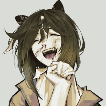 1girl animal_ears blood blood_from_mouth blood_on_face brown_hair brown_jacket bruise bruise_on_face closed_eyes clothes_grab collar_grab commentary ear_covers grey_background highres horse_ears horse_girl injury jacket laughing medium_hair neckwear_grab nosebleed open_clothes open_jacket pov shironism shirt simple_background solo stay_gold_(umamusume) umamusume white_shirt