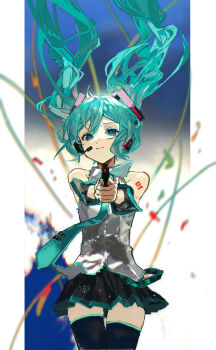1girl aiming aiming_at_viewer aqua_eyes aqua_hair aqua_necktie bare_shoulders black_skirt black_sleeves collared_shirt commentary dated_commentary detached_sleeves finger_on_trigger floating_hair gun hatsune_miku headphones headset highres holding holding_gun holding_weapon long_hair looking_at_viewer microphone necktie number_tattoo pleated_skirt pudding_(puddingpuddinh) shirt shoulder_tattoo skirt sleeveless sleeveless_shirt solo tattoo twintails vocaloid weapon white_shirt