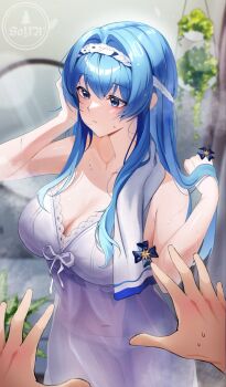 1girl after_bathing dress frilled_nightgown goddess_of_victory:_nikke hair_intakes hairband helm_(nikke) helm_(post-shower_moment)_(nikke) highres kyoi_(kyo1koo2) nightgown panties_visible_through_clothes pov pov_hands see-through_clothes see-through_dress see-through_nightgown towel towel_around_neck wet white_hairband white_nightgown