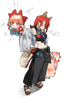 1girl absurdres animal_ears arknights bag bare_shoulders belt black_belt black_nails black_pants chain chain_necklace character_doll closed_eyes crop_top dog_ears doll ear_piercing earrings er_ling_balu full_body haruka_(arknights) highres holding holding_bag holding_doll jacket jewelry kichisei_(arknights) long_sleeves merchandise mole mole_under_eye nail_polish navel necklace necktie pants piercing purple_necktie red_hair sandals shopping_bag short_hair simple_background solo standing toenail_polish toenails white_background white_jacket