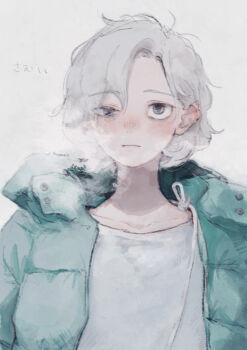 1boy bags_under_eyes black_eyes blush breath down_jacket dungeon_meshi elf green_jacket grey_hair highres jacket lazy_eye looking_at_viewer male_focus mithrun notched_ear pointy_ears shirt short_hair simple_background solo tktaoi2 uneven_eyes upper_body wavy_hair white_background white_shirt winter winter_clothes