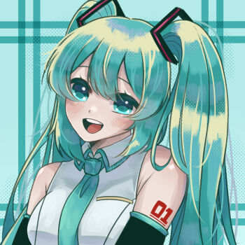 Rule 34 | 1girl, arm tattoo, bare shoulders, blue background, blue eyes, blue hair, blue necktie, blush, breasts, collared shirt, commentary, detached sleeves, double-parted bangs, english commentary, hair ornament, hatsune miku, highres, kuraedo, long hair, looking at viewer, medium breasts, necktie, number tattoo, open mouth, shirt, sleeveless, sleeveless shirt, smile, solo, tattoo, twintails, upper body, vocaloid, white shirt