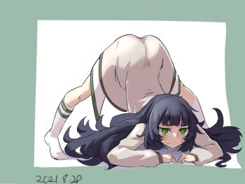 1girl ass black_hair blunt_bangs blush commentary_request embarrassed green_eyes green_hair green_trim highres hiyajou_maho jack-o'_challenge kneehighs long_sleeves looking_at_viewer messy_hair no_shoes sadarann science_adventure simple_background socks solo steins;gate steins;gate_0 striped_clothes striped_socks top-down_bottom-up white_socks
