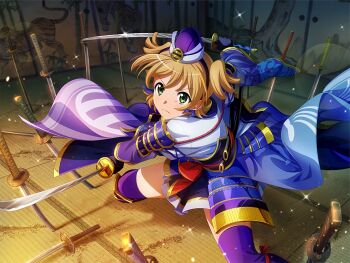1girl armor ashikaga_yoshiteru ashikaga_yoshiteru_(cosplay) closed_mouth cosplay daiba_nana dual_wielding frown game_cg green_eyes holding holding_sword holding_weapon japanese_armor katana kusazuri long_sleeves looking_at_viewer official_art orange_hair planted planted_sword planted_weapon purple_thighhighs short_hair short_twintails shoujo_kageki_revue_starlight shoujo_kageki_revue_starlight_-re_live- shoulder_armor solo sword thighhighs twintails v-shaped_eyebrows weapon wide_sleeves