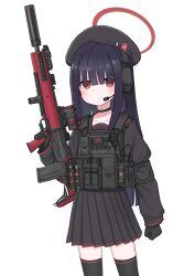Rule 34 | 1girl, absurdres, beret, black choker, black gloves, black hair, black serafuku, black skirt, blue archive, blush, choker, closed mouth, collarbone, commentary, cowboy shot, em-2, english commentary, gloves, gun, hair over eyes, halo, hat, headset, highres, holding, holding gun, holding weapon, justice task force member (blue archive), light smile, load bearing vest, long bangs, long hair, long sleeves, looking at viewer, microphone, red eyes, red halo, school uniform, serafuku, simple background, skirt, solo, srtdrawart, unusually open eyes, weapon, white background