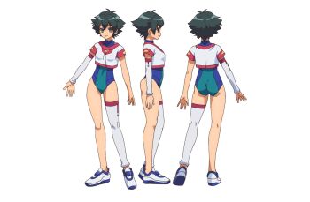 1girl artificial_limb ass bare_legs battle_athletes battle_athletes_daiundoukai_restart! blue_leotard butt_crack character_request reference_sheet closed_mouth flag full_body green_hair green_leotard gym_shirt gym_uniform highleg highleg_leotard highres leotard lips long_hair looking_at_viewer looking_to_the_side multicolored_leotard multiple_views official_art outdoors shiny_skin shirt shoes short_hair short_sleeves smile sneakers standing sweatband thighs two-tone_leotard wong_shelly