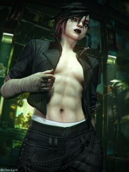 1girl 3d abs absurdres arcane:_league_of_legends arcane_brawler_vi bandaged_arm bandaged_hand bandages black_eyeshadow black_hair black_jacket black_lips black_pants boxers checkpik closed_mouth cowboy_shot eyeshadow from_below gradient_hair grey_eyes hand_in_pocket highres holding holding_jacket holding_unworn_clothes jacket league_of_legends looking_at_viewer looking_down makeup male_underwear multicolored_hair no_bra no_shirt open_clothes open_jacket pants red_hair runny_makeup short_hair solo spiked_hair standing toned toned_female underwear unworn_jacket