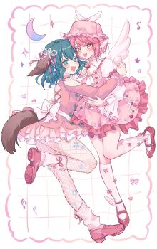 Rule 34 | 2girls, :d, animal ears, ankle wings, back bow, bird ears, bird girl, blush, bow, bow legwear, bowtie, clothing cutout, commentary request, dog ears, dog girl, dog tail, dress, fishnet pantyhose, fishnets, floppy ears, frilled dress, frills, full body, green eyes, green hair, hat, highres, kasodani kyouko, kneehighs, leg up, loafers, long sleeves, looking at viewer, mary janes, multiple girls, mystia lorelei, open mouth, pantyhose, pink bow, pink dress, pink hair, pink hat, pink shoes, shoes, short dress, short hair, shoulder cutout, smile, socks, standing, standing on one leg, tail, touhou, tsubakiharuki, white background, white bow, white bowtie, white pantyhose, white socks, winged hat, wings, yellow eyes