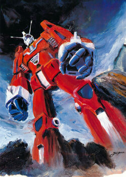 1970s_(style) 1980s_(style) densetsu_kyojin_ideon epic highres higuchi_yuuichi ideon mecha mecha_focus no_humans oil_painting_(medium) oldschool painting_(medium) production_art realistic retro_artstyle robot scan science_fiction signature source_request traditional_media