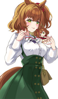 1girl animal_ears aston_machan_(casual)_(umamusume) aston_machan_(umamusume) blush breasts brown_hair character_doll collarbone commentary_request doll glasses green_eyes hair_between_eyes hair_ornament hanamura_pink highres horse_ears horse_girl looking_at_viewer medium_breasts medium_hair smile solo tongue tongue_out umamusume white_background