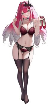 1girl baobhan_sith_(fate) bare_shoulders black_panties blush bra breasts commentary_request earrings fate/grand_order fate_(series) full_body grey_eyes highres jewelry large_breasts long_hair looking_at_viewer mishiro_(ixtlolton) navel open_mouth original panties pink_hair pointy_ears red_nails shoes sidelocks simple_background solo standing tiara underwear white_background