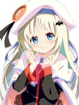Rule 34 | 1girl, bat hair ornament, beret, black jacket, black ribbon, blue eyes, blush, bow, bowtie, c:, cape, closed mouth, commentary, cowboy shot, eyelashes, grey hair, grey skirt, hair between eyes, hair ornament, hands up, happy, hat, hat ribbon, highres, jacket, little busters!, little busters! school uniform, long hair, long sleeves, looking at viewer, minase kaya, miniskirt, noumi kudryavka, pink bow, pink bowtie, plaid clothes, plaid skirt, pleated skirt, ribbon, school uniform, sidelighting, sidelocks, simple background, skirt, smile, solo, split mouth, straight hair, tareme, very long hair, white background, white cape, white hat