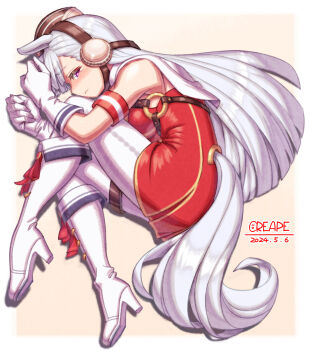 1girl animal_ears blunt_bangs blush boots bow breasts brown_hat closed_mouth commentary_request creape dress gloves gold_ship_(red_strife)_(umamusume) gold_ship_(umamusume) grey_hair hat highres horse_ears horse_girl horse_tail large_breasts long_hair looking_at_viewer lying on_back on_side pantyhose pillbox_hat purple_eyes red_bow red_dress sleeveless sleeveless_dress solo tail umamusume white_boots white_gloves white_pantyhose