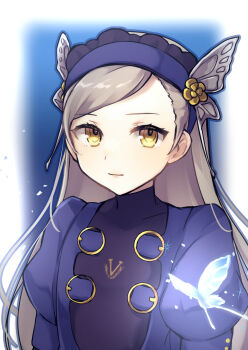 1girl biiru blue_dress blue_hairband bug butterfly closed_mouth dress grey_hair hairband highres insect lavenza_(persona_5) light_smile long_hair looking_at_viewer persona persona_5 puffy_short_sleeves puffy_sleeves short_sleeves simple_background solo upper_body yellow_eyes