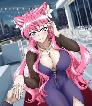 1girl absurdres blue_eyes blurry blurry_background breasts butterfly_hair_ornament cleavage commentary_request crossed_bangs double-parted_bangs dress earrings hair_between_eyes hair_ornament hair_wings highres holding_hands jewelry large_breasts long_hair long_sleeves looking_at_viewer maria_cadenzavna_eve maria_desirer necklace night outdoors pink_hair pov pov_hands senki_zesshou_symphogear sidelocks sky smile string_of_light_bulbs very_long_hair