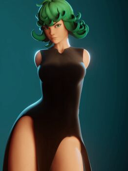 1girl 3d angry animated animated_gif annoyed arms_behind_back bare_shoulders black_dress blender_(medium) blue_background bouncing_breasts breasts crossover curly_hair dancing dress green_eyes green_hair medium_breasts one-punch_man short_hair sleeveless solo swaying tatsumaki thick_thighs thighs third-party_edit
