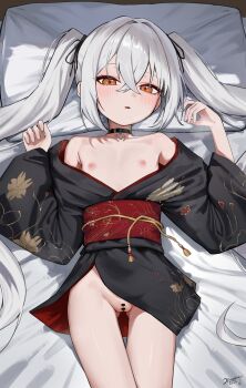 1girl ayase_shiho_(honashi) bar_censor bare_shoulders black_choker black_kimono black_ribbon censored choker cleft_of_venus collarbone flat_chest gluteal_fold grey_hair heart heart_choker highres honashi japanese_clothes kimono loli long_hair looking_at_viewer lying nipples obi on_back open_mouth orange_eyes original paid_reward_available pussy ribbon sash solo thigh_gap twintails very_long_hair