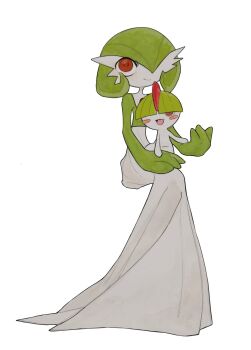 Rule 34 | bowl cut, colored skin, dress, gardevoir, gen 3 pokemon, green skin, hair over one eye, highres, multicolored skin, nintendo, pink eyes, pokemon, pokemon (creature), powerpuff (pixiv 60944739), ralts, simple background, smile, two-tone skin, white background, white dress, white skin