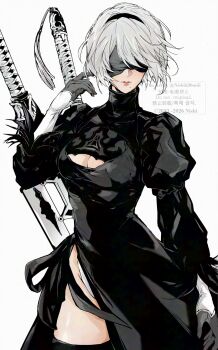 1girl 2b_(nier:automata) black_dress black_hairband black_thighhighs blindfold breasts cleavage cleavage_cutout clothing_cutout commentary cowboy_shot dress feather-trimmed_sleeves gloves grey_hair hairband hand_up highres juliet_sleeves leotard leotard_under_clothes long_sleeves medium_breasts mole mole_under_mouth nier:automata nier_(series) nishiii26miii parted_lips puffy_sleeves short_hair side_slit solo sword sword_on_back thighhighs turtleneck turtleneck_dress weapon weapon_on_back white_background white_leotard