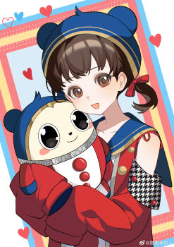 Rule 34 | 1girl, absurdres, bisho imobing hito, black eyes, blue hat, brown eyes, brown hair, chinese commentary, commentary request, cosplay, detached sleeves, doujima nanako, hat, heart, highres, kuma (persona 4), kuma (persona 4) (cosplay), looking at viewer, low twintails, open mouth, persona, persona 4, red shirt, shirt, short twintails, sleeves past fingers, sleeves past wrists, stuffed toy, twintails, upper body