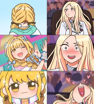 2girls black_necktie blonde_hair blue_eyes blush braid chibigurumi crowd fang from_behind fujita_kotone gakuen_idolmaster grey_shirt hair_ribbon hashtag-only_commentary heart highres idolmaster jacket jennie_congee juo_sena long_hair low_twin_braids meme motion_blur multicolored_hair multiple_girls necktie one_eye_closed open_mouth parted_bangs pink_hair ribbon serious shirt signature skin_fang smile sparkle sweat twin_braids two-tone_hair vince_mcmahon_reaction_(meme) white_jacket yellow_eyes
