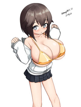 1girl absurdres bikini bikini_under_clothes black_hair black_skirt breasts commentary_request dated feet_out_of_frame gold_bikini grey_eyes hayasui_(kancolle) highres huge_breasts jacket kantai_collection large_breasts looking_at_viewer maru_(marg0613) one-hour_drawing_challenge open_clothes open_jacket oppai_loli pleated_skirt short_hair simple_background skirt solo swimsuit track_jacket twitter_username w_arms white_background white_jacket