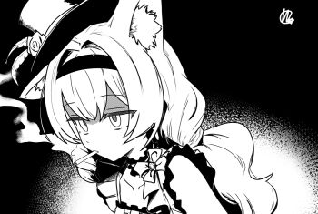 1girl animal_ear_fluff animal_ears bags_under_eyes bare_arms blank_stare blue_archive bow cat_ears cat_girl cigarette close-up commentary_request despair dot_nose dress dutch_angle empty_eyes flower hair_between_eyes hairband hat hat_feather hat_flower jitome korean_commentary long_hair looking_afar mari_(blue_archive) mari_(idol)_(blue_archive) monochrome mouth_hold official_alternate_costume single_ear_down smoking solo top_hat watermark wingcat
