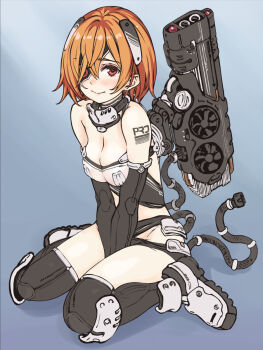 1girl amd amd_ryzen blush boots breasts cable cleavage eyepatch focke_wulf full_body graphics_card headgear highres looking_at_viewer mecha_musume medium_breasts orange_hair original red_eyes science_fiction short_hair sitting smile solo thighhighs