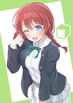 1girl ;d absurdres black_jacket blazer blue_eyes blush braid bread brown_hair collared_shirt commentary_request emma_verde food freckles green_background hair_between_eyes highres jacket long_hair long_sleeves looking_at_viewer love_live! love_live!_nijigasaki_high_school_idol_club low_twin_braids one_eye_closed open_mouth pleated_skirt shirt simple_background skirt smile solo standing twin_braids white_background white_shirt white_skirt yuuuta10628