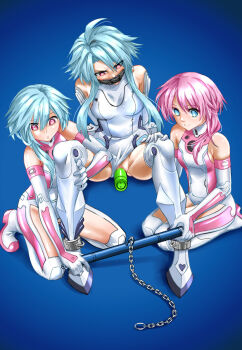 3girls ahoge albyee ankle_cuffs arms_behind_back bdsm blanc_(neptunia) blue_background blue_eyes blue_hair bondage bound breasts censored choujigen_game_neptune covered_pussy dildo elbow_gloves femdom full_body gag gloves highres leotard mosaic_censoring multiple_girls neptune_(series) object_insertion panel_gag pink_hair ram_(neptunia) red_eyes rom_(neptunia) seiza sex_toy short_hair_with_long_locks siblings sisters sitting small_breasts spreader_bar thighhighs vaginal vaginal_object_insertion white_gloves white_heart_(neptunia) white_leotard white_sister_ram white_sister_rom white_thighhighs
