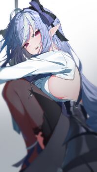 1girl absurdres black_pantyhose black_skirt breasts commentary_request dress drill_hair from_side grey_hair highres knees_to_chest long_hair looking_at_viewer multicolored_hair open_mouth osechi_(pixiv56606477) pantyhose pointy_ears purple_eyes purple_hair shadow shrug_(clothing) sideboob skirt sleeveless sleeveless_dress solo squatting streaked_hair vivian_banshee white_dress white_shrug zenless_zone_zero