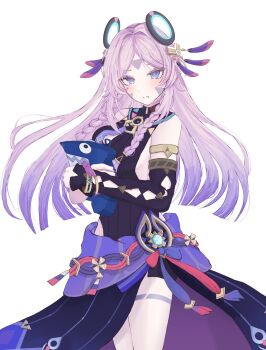 Rule 34 | 1girl, bare shoulders, blue eyes, breasts, citlali (genshin impact), commentary request, detached sleeves, dress, facial tattoo, genshin impact, highres, leg tattoo, long hair, looking at viewer, medium breasts, parumu607, pillow, pink hair, pout, purple dress, tattoo