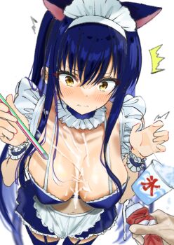 1girl 1other ^^^ alternate_costume animal_ears apron bikini bikini_skirt black_bikini black_choker black_hair black_skirt black_thighhighs black_wrist_cuffs blush breasts breasts_apart cat_ears choker closed_mouth collarbone cowboy_shot drinking_straw enmaided fake_animal_ears food foreshortening frilled_apron frilled_bikini frilled_choker frilled_skirt frilled_wrist_cuffs frills from_above furrowed_brow garter_straps hair_between_eyes halterneck hands_up highres holding holding_drinking_straw kushima_kamome large_breasts long_hair looking_down maid maid_apron maid_bikini maid_headdress miniskirt navel pleated_skirt pov pov_hands sexually_suggestive shaved_ice sidelocks simple_background skirt solo_focus split_mouth standing straight_hair suggestive_fluid summer_pockets surprised swimsuit thighhighs unconventional_maid very_long_hair waist_apron wavy_mouth white_apron white_background wrist_cuffs yellow_eyes zenoo zettai_ryouiki