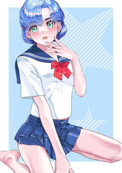 1girl absurdres aqua_eyes arion_canvas barefoot bishoujo_senshi_sailor_moon blue_hair blue_sailor_collar blue_skirt bow bowtie earrings highres jewelry juuban_middle_school_uniform lips long_sleeves miniskirt mizuno_ami pleated_skirt red_bow red_bowtie sailor_collar school_uniform serafuku serious shirt short_hair skirt solo stud_earrings swept_bangs white_shirt
