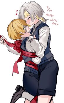 1boy 1girl bdsm black_shorts blonde_hair blue_sweater_vest blush bondage bound collared_shirt commentary_request face-to-face grey_hair highres kromer_(project_moon) leg_up limbus_company low_ponytail migishita multicolored_hair nervous open_mouth partial_commentary ponytail project_moon red_ribbon ribbon school_uniform shirt shorts simple_background sinclair_(project_moon) sweater_vest white_background white_day