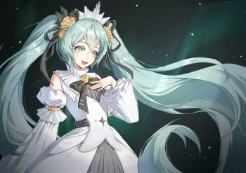 1girl :d aqua_eyes aqua_hair bare_shoulders black_bow black_bowtie black_ribbon bow bowtie dark_background detached_sleeves dress floating_hair flower hair_flower hair_ornament hair_ribbon hand_on_own_chest hatsune_miku highres jiuxin_shaoyu_dokidoki light_particles long_hair long_sleeves looking_to_the_side miku_symphony_(vocaloid) neck_flower open_mouth ribbon sleeveless sleeveless_dress smile solo teeth twintails upper_body very_long_hair vocaloid white_dress yellow_flower