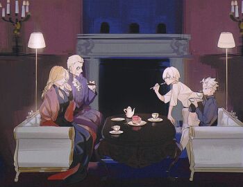 Rule 34 | black dress, black shorts, blonde hair, blush, breasts, cake, candelabra, candle, candlestand, cleavage, closed eyes, closed mouth, coat, couch, cumcmn, cup, dante (devil may cry), devil may cry (series), dress, drinking, eating, eva (devil may cry), family, family bonding, fire, food, fork, hair slicked back, holding, holding cup, holding fork, holding plate, indoors, lamp, long hair, monocle, plate, purple coat, reflection, shorts, sitting, slice of life, smile, sparda, table, tea set, teacup, vergil (devil may cry), white hair