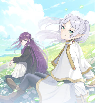 2girls absurdres arm_support black_pantyhose black_robe blue_sky blunt_bangs boots brown_boots capelet closed_mouth cloud commentary_request cumulonimbus_cloud day dress elf eyelashes falling_petals fern_(sousou_no_frieren) floating_hair flower frieren from_side full_body grass green_eyes half_updo highres kepekki_kanojo knees_up long_hair long_sleeves looking_at_viewer multiple_girls on_grass outdoors pantyhose petals pointy_ears purple_eyes purple_hair robe sitting sky smile sousou_no_frieren split_mouth straight_hair very_long_hair white_capelet white_dress white_flower wide_sleeves wind