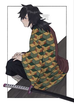 1boy black_hair black_jacket black_pants blue_eyes chayu_1612 closed_mouth demon_slayer_uniform fingernails half-closed_eyes haori high_collar highres jacket japanese_clothes katana kikkoumon kimetsu_no_yaiba low_ponytail male_focus pants ponytail print_haori profile red_haori sitting solo spiked_hair sword tomioka_giyuu watermark weapon white_background