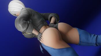 1girl 3d absurdres angel_(kof) ass ass_cutout breasts chaps clothing_cutout curvy female_focus from_behind gloves grabbing_own_ass grey_eyes guakghad highres huge_ass jacket large_breasts leather looking_at_viewer looking_back pale_skin panties revealing_clothes short_hair snk solo the_king_of_fighters thick_thighs thighs underwear white_hair wide_hips