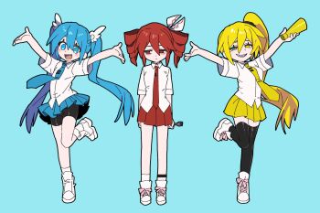 Rule 34 | 3girls, :d, akita neru, arms at sides, baumkuchen endroll (vocaloid), bike shorts, black shorts, black thighhighs, blonde hair, blue background, blue eyes, blue hair, blue necktie, blue skirt, collared shirt, commentary, drill hair, fork, full body, hair ornament, hatsune miku, high side ponytail, highres, holding, holding fork, holding megaphone, kasane teto, long hair, megaphone, miniskirt, mismatched pupils, multiple girls, necktie, open mouth, outstretched arms, pleated skirt, red eyes, red hair, red necktie, red skirt, ribbon, sharp teeth, shirt, shoes, short sleeves, shorts, side ponytail, simple background, skirt, smile, spread arms, standing, standing on one leg, teeth, thighhighs, tie clip, twin drills, twintails, untranslatable commentary, untucked shirt, very long hair, vocaloid, white shirt, white shoes, wing hair ornament, yagidon, yellow eyes, yellow necktie, yellow skirt