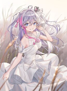 1girl ahoge airaila alternate_costume blue_eyes breasts crown dress floating_hair flower grass hair_between_eyes hair_intakes hand_up hashtag-only_commentary heart heart-shaped_pupils highres kanami_(strinova) long_dress long_hair looking_at_viewer mini_crown multicolored_hair pink_flower pink_hair skirt_hold smile solo streaked_hair strinova symbol-shaped_pupils tall_grass wedding_dress white_dress white_hair
