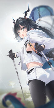 1girl absurdres alternate_costume arknights arknights:_endfield berserker_r black_gloves black_hair black_pantyhose blue_horns blue_tail chen_qianyu_(arknights) chinese_commentary commentary_request dragon_girl dragon_horns dragon_tail eastern_dragon_horns eastern_dragon_tail gloves highres hiking_pole horns long_hair looking_at_viewer open_mouth outdoors pantyhose shorts solo tail twintails white_shorts