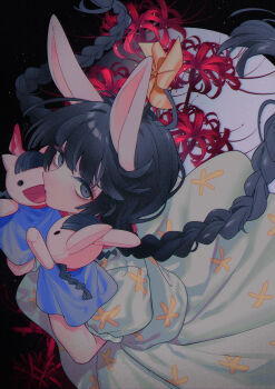 Rule 34 | 1girl, absurdres, animal ears, bemani, black background, black eyes, black hair, braid, commentary request, dress, film grain, floating hair, flower, hand puppet, highres, long hair, mimi (pop'n music), nyami (pop'n music), official alternate costume, official alternate eye color, official alternate hair color, pinwheel, pop'n music, puffy short sleeves, puffy sleeves, puppet, rabbit ears, rabbit girl, red flower, red scarf, scarf, short sleeves, solo, spider lily, twin braids, white dress, yuungai yuzuko