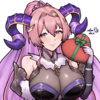 1girl artist_name averting_eyes bare_shoulders blush box breasts cleavage colored_inner_hair commentary english_commentary facing_viewer fire_emblem fire_emblem_heroes gift gift_box hair_between_eyes heart-shaped_box high_ponytail highres horns huge_breasts long_hair looking_to_the_side multicolored_hair multicolored_horns nerthuz_(fire_emblem) nintendo pink_hair ponytail rotomdocs sideways_glance signature smile solo upper_body valentine very_long_hair white_background